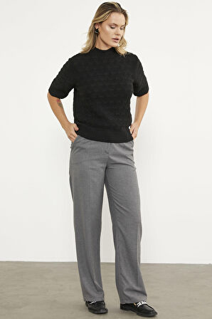 Fiyonk Desenli Kısa Kol Triko Süveter - Siyah