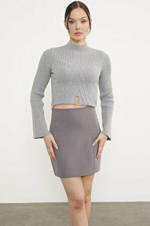 Yarım Balıkçı Crop Triko Kazak - Gri