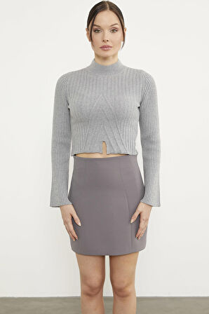 Yarım Balıkçı Crop Triko Kazak - Gri