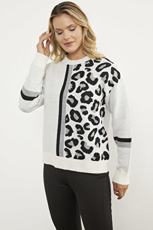 Renkli Leopar Kombinli Triko Kazak - Kemik