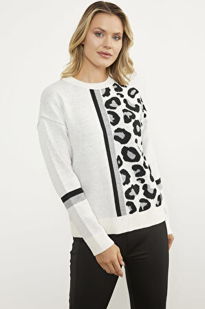 Renkli Leopar Kombinli Triko Kazak - Kemik