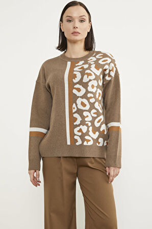 Renkli Leopar Kombinli Triko Kazak - Sütlü Kahve
