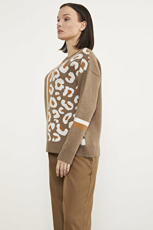 Renkli Leopar Kombinli Triko Kazak - Sütlü Kahve