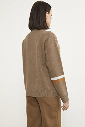 Renkli Leopar Kombinli Triko Kazak - Sütlü Kahve