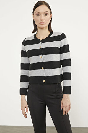 Çizgili Kısa Triko Hırka - Siyah