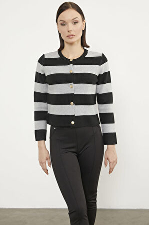 Çizgili Kısa Triko Hırka - Siyah