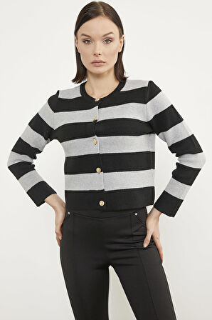 Çizgili Kısa Triko Hırka - Siyah