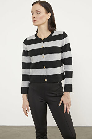 Çizgili Kısa Triko Hırka - Siyah