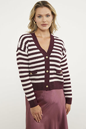 Çizgili Cep Detaylı Triko Hırka - Bordo