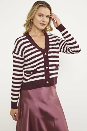 Çizgili Cep Detaylı Triko Hırka - Bordo