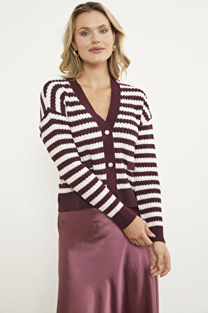 Çizgili Cep Detaylı Triko Hırka - Bordo