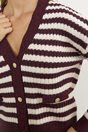 Çizgili Cep Detaylı Triko Hırka - Bordo