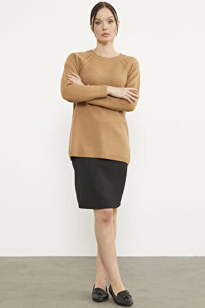 Saç Örgü Detaylı Tunik Triko Kazak - Kamel