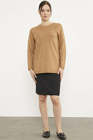 Saç Örgü Detaylı Tunik Triko Kazak - Kamel