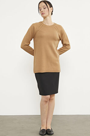 Saç Örgü Detaylı Tunik Triko Kazak - Kamel