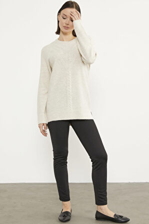 Arkası Uzun Önü Örgü Detaylı Triko Kazak - Açık Bej