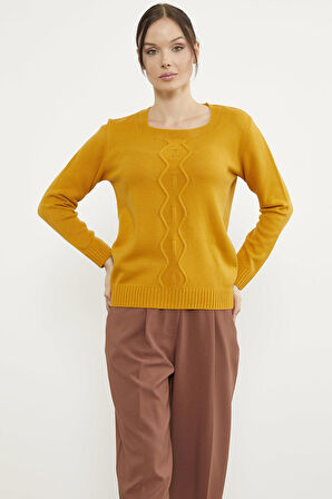 Önü Örgü Detaylı Triko Basic Kazak - Güneş