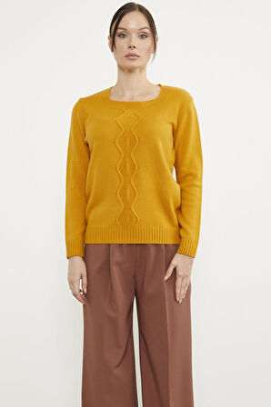 Önü Örgü Detaylı Triko Basic Kazak - Güneş
