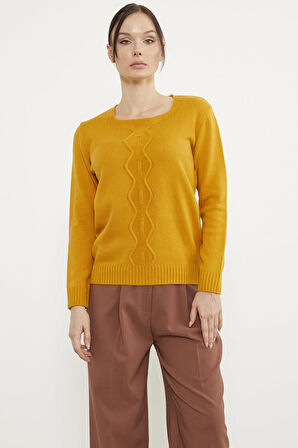 Önü Örgü Detaylı Triko Basic Kazak - Güneş