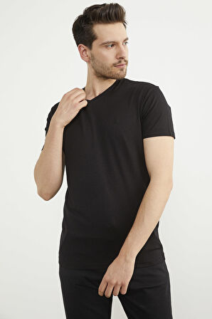 V Yaka Basic Kısa Kol Tişört - Siyah