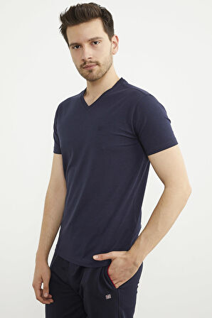 V Yaka Basic Kısa Kol Tişört - Lacivert