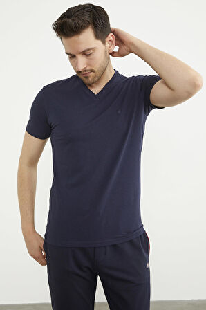 V Yaka Basic Kısa Kol Tişört - Lacivert