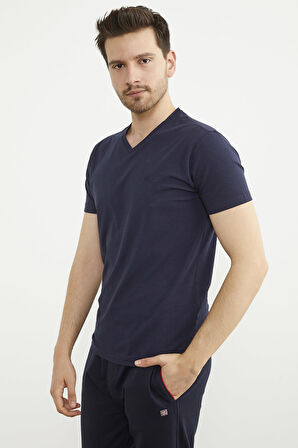 V Yaka Basic Kısa Kol Tişört - Lacivert
