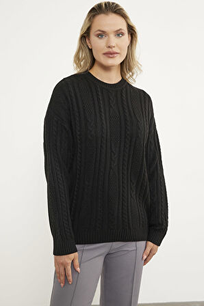 Saç Örgü Detaylı Basic Triko Kazak - Siyah