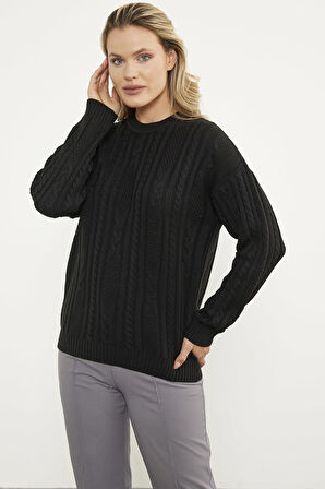 Saç Örgü Detaylı Basic Triko Kazak - Siyah