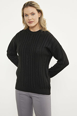 Saç Örgü Detaylı Basic Triko Kazak - Siyah