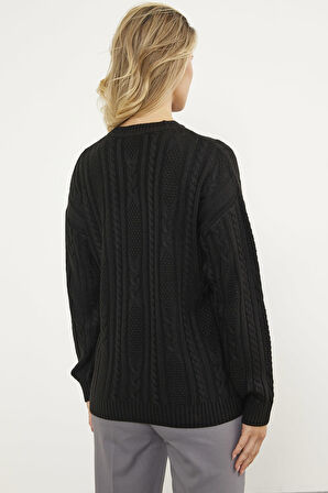 Saç Örgü Detaylı Basic Triko Kazak - Siyah