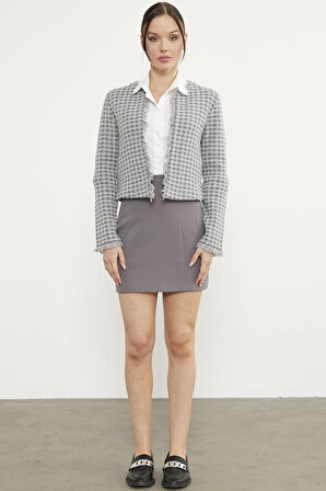 Ekose Desen Kısa Triko Ceket - Gri