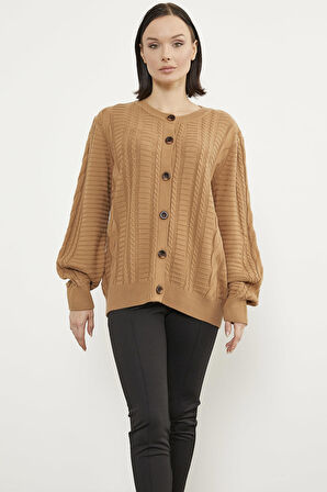 Sıfır Yaka Düğmeli Triko Hırka - Kamel
