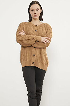 Sıfır Yaka Düğmeli Triko Hırka - Kamel