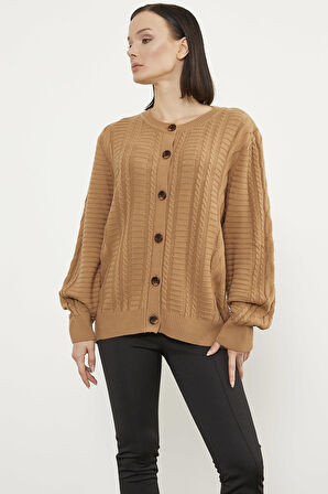 Sıfır Yaka Düğmeli Triko Hırka - Kamel
