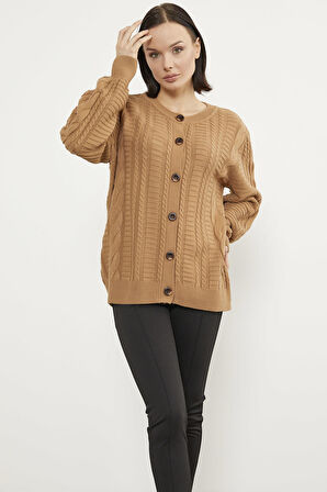 Sıfır Yaka Düğmeli Triko Hırka - Kamel