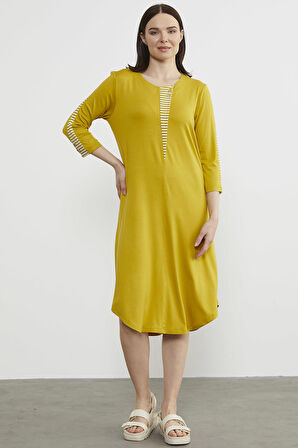 Çizgi Detaylı Dökümlü Penye Elbise - Hardal