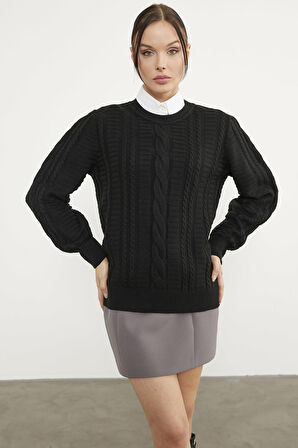 Saç Örgü Sıfır Yaka Triko Kazak - Siyah