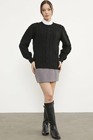 Saç Örgü Sıfır Yaka Triko Kazak - Siyah