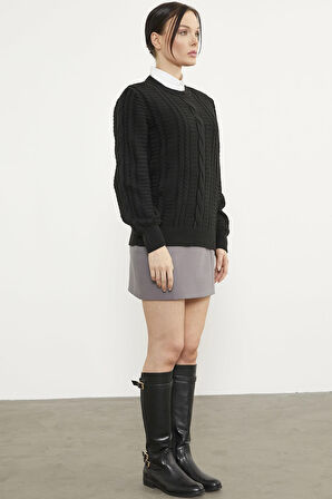 Saç Örgü Sıfır Yaka Triko Kazak - Siyah