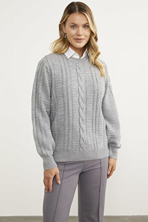 Saç Örgü Sıfır Yaka Triko Kazak - Gri