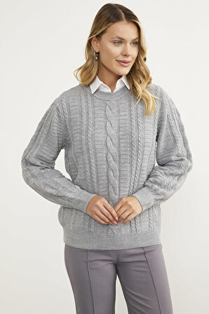 Saç Örgü Sıfır Yaka Triko Kazak - Gri