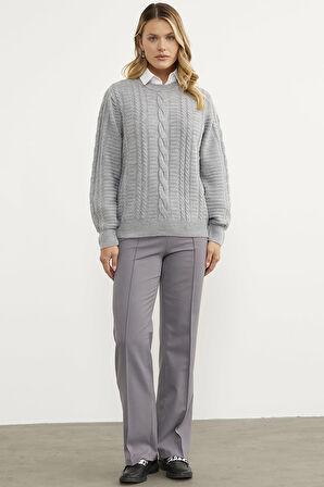 Saç Örgü Sıfır Yaka Triko Kazak - Gri