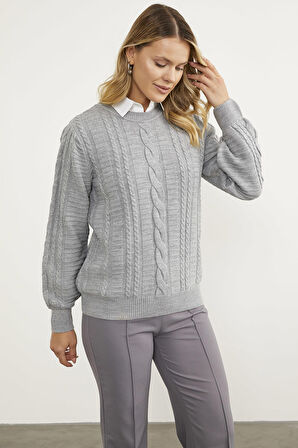 Saç Örgü Sıfır Yaka Triko Kazak - Gri