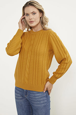 Saç Örgü Sıfır Yaka Triko Kazak - Güneş