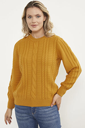 Saç Örgü Sıfır Yaka Triko Kazak - Güneş