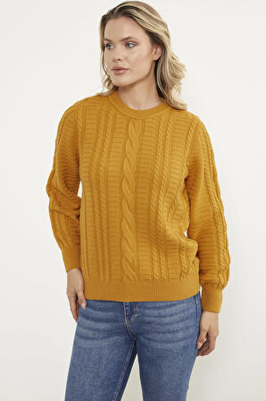 Saç Örgü Sıfır Yaka Triko Kazak - Güneş