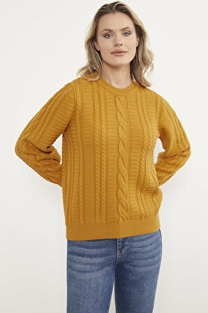 Saç Örgü Sıfır Yaka Triko Kazak - Güneş