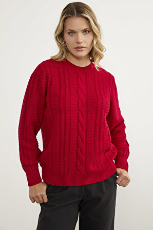 Saç Örgü Sıfır Yaka Triko Kazak - Kırmızı