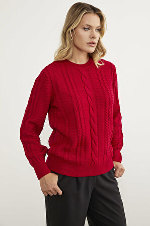 Saç Örgü Sıfır Yaka Triko Kazak - Kırmızı